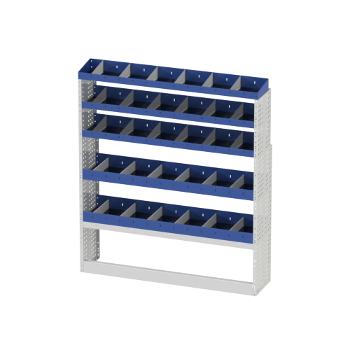 The BASE shelving on the right side of your Transit Includes open wheel arch cover, 4 shelves with dividers.