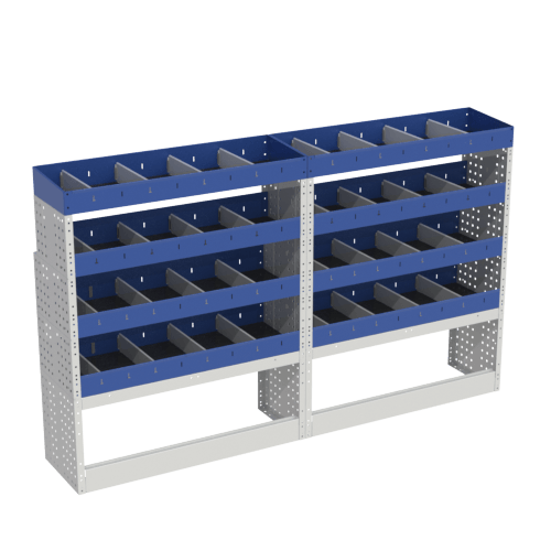  This left module for Renault Trafic L1 van has 2 open wheel arch covers with 8 shelves with internal dividers and end racks.