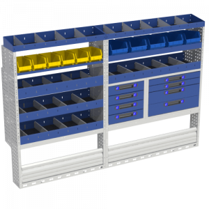 Modulo COMFORT with: wheel arch covers with door, several drawers of various sizes, 4 open shelves, 2 shelves with yellow and blue trays and terminals with dividers.