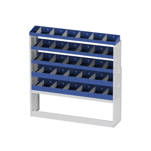 The BASE shelving, on the right side of your Man TGE L3H2 vehicle, includes: open wheel arch cover, 4 shelves with dividers and terminal shelving