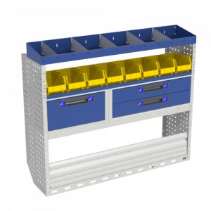 COMFORT module for the left side of the Doblò has a wheel arch cover with closing door two shelves with drawers and removable container trays