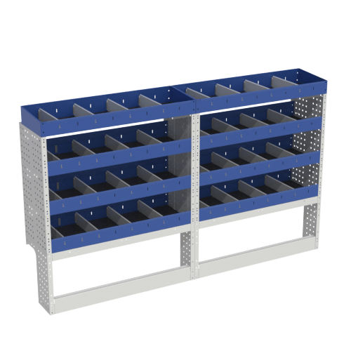 BASE module to set up your Scudo with 2 open wheel covers shelving with removable dividers, simple but functional.