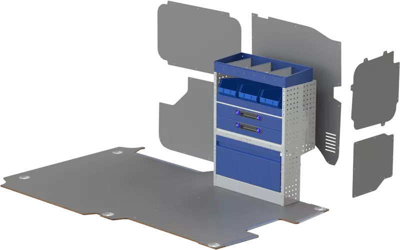 Van racking example left side module for Proace with 1 shelf with blue plastic containers, two drawers and a wheel arch cover with door.