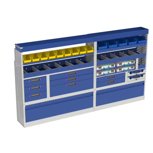 The LUXURY module shelving is a top of the range that we have designed for the left equipment of your VOLKSWAGEN CRAFTER L3H2 van: wheel arch covers with aluminum door, 6 removable small parts cases, a chest of drawers with 3 drawers, Shelves with dividers, 2 Shelving with removable containers of different sizes (yellow and blue). Ideal for electricians and installers thanks to the removable cases.