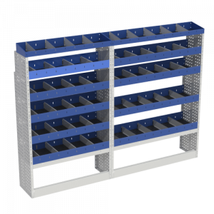 Van racking BASE module with open wheel arch cover, shelves with dividers.