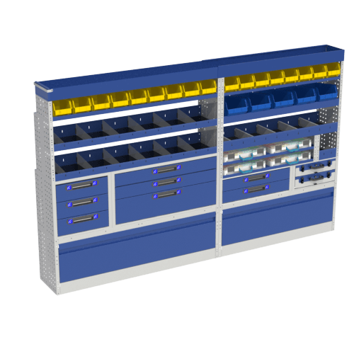 The LUXURY left module shelving for a top of the range like your VOLKSWAGEN CRAFTER L3H3 van has been designed as follows: wheel arch cover with aluminum door, 6 removable small parts cases, a chest of drawers with 3 drawers, Shelves with dividers, 2 Shelving with removable containers of different sizes (yellow and blue). Ideal for electricians and installers thanks to the removable cases.
