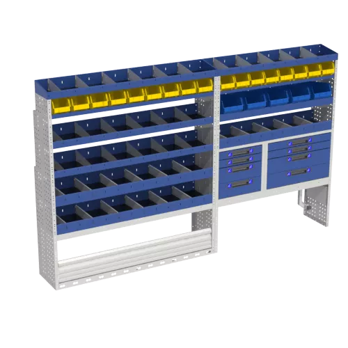 The Comfort shelving, which we have designed for van racking of the left side of your Man Tge L3H3. Comprehends. wheel arch cover with closing door, open wheel arch cover with suitcase stop kit 2 drawer units, shelves with dividers, 2 shelves with removable containers. Ideal for plumbers who have to carry fittings, screws, spare parts and various equipment.
