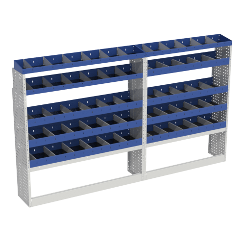 Van racking BASE module for your Boxer L3H2 consisting of 2 open wheel arch covers and 8 shelves with dividers and 2 end shelves.