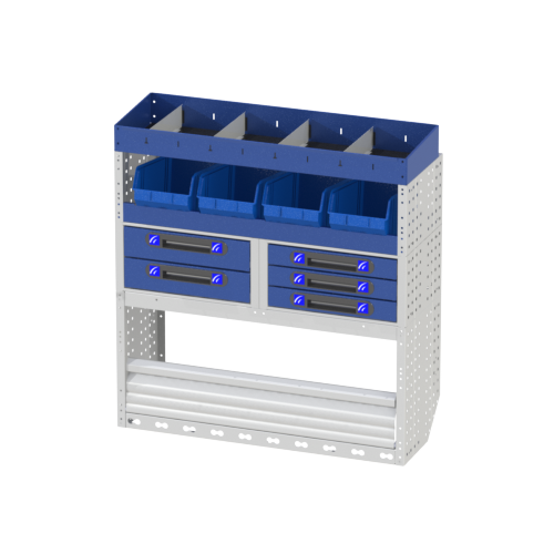 COMFORT module with wheel arch cover with closing door, shelving with drawers, shelves with removable containers and finally an end shelf with dividers