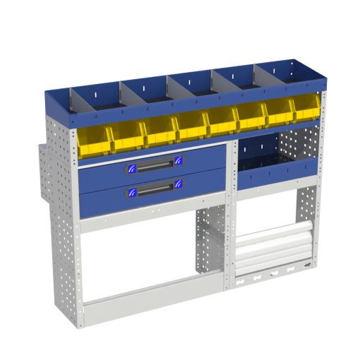 This module for your Citan Long COMFORT left side has 2 lockable wheel arch covers with tilting door, 3 shelves with dividers, 3 large removable trays and a shelving with a drawer and a removable case.