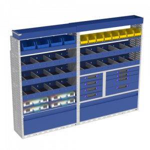 LUXURY module for the Ford Transit L2 with wheel arch cover with tilting aluminum door, 4 removable small parts cases, shelves with dividers. Shelving with removable containers of different sizes (yellow and blue). Ideal for electricians and installers thanks to the removable cases.
