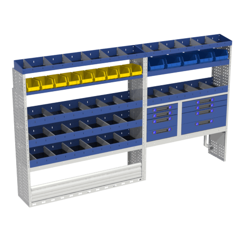 Van racking COMFORT module for your Boxer L3H2 consisting of: 2 open wheel arch covers, one with suitcase stop kit and 4 shelving with dividers, 14 removable containers and 2 end shelving.
