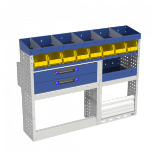This left side COMFORT module for Renault Kangoo Medium van has 2 lockable wheel arch covers with tilting door, 3 shelves with dividers, 3 large removable trays and a chest of drawers with a drawer and a removable case.