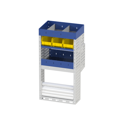 Module for the right side of your Fiorino with wheel arch cover with door 2 shelves with dividers and shelf with removable containers.