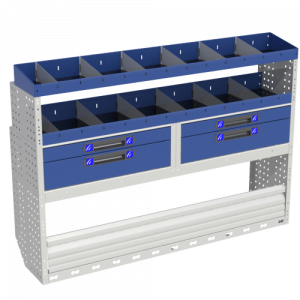 With this module for the left side of the Doblò it has a wheel arch cover with closing door 2 shelves with drawers and removable container trays