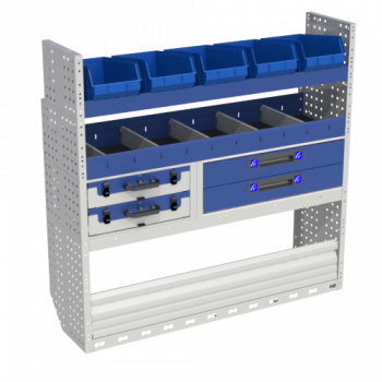 Left module for Partner M COMFORT consisting of wheel arch covers with door, shelving with dividers, removable storage trays and shelving with removable containers.