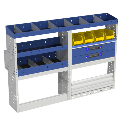COMFORT left side module for Citan Extralong van complete with wheel arch cover with closing door, shelves with dividers, and with well-shaped bowls and drawers.