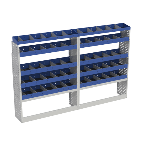 Left side BASE module for Peugeot Boxer L2 H2 consisting of: two open wheel covers a series of open shelves with removable dividers and 2 end shelves also with removable dividers.