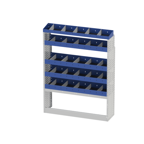 Van racking type BASE right side for Peugeot Boxer L2 H2 consisting of: an open wheel arch cover and open shelves with dividers