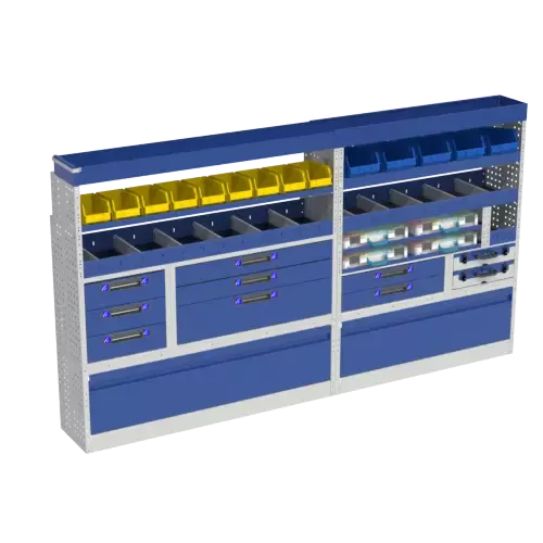 The LUXURY shelving is a unique top of the range for Man TGE L3H2. With: wheel arch covers with aluminum tilting doors, we also have 6 suitcases for small parts fundamental are the drawer units with 3 drawers, shelves with dividers, 2 shelves with removable containers of different sizes (yellow and blue). Ideal for electricians and installers thanks to the removable cases.