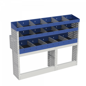 Left side BASE module for your Kangoo Medium BASE, consists of: open wheel arch cover, storage shelving with dividers and shelf with removable containers