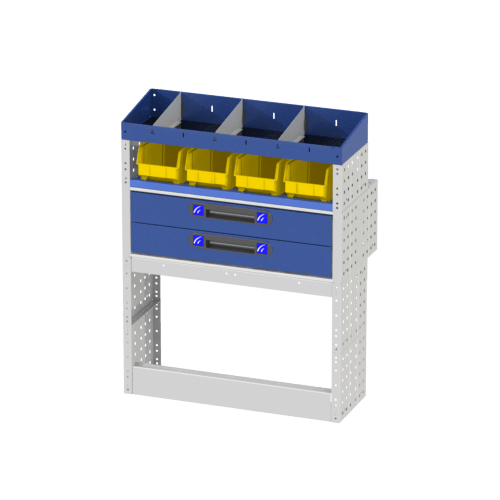 COMFORT module for the right side, consisting of the following components: open wheel arch cover, 2 drawer units and 2 shelves with dividers