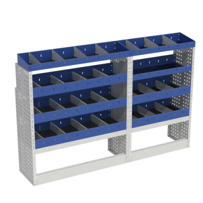 The left BASE module for Vito L1 Compact van of the tecnolam shelving basic line includes: open wheel arch cover 6 shelves with dividers and 2 end shelving with dividers