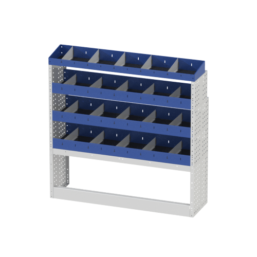 Van racking Custom BASE right side L2, consisting of an open wheel arch cover, 3 shelving with dividers and a final shelving also with dividers.