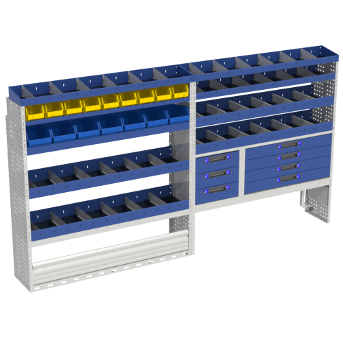 The COMFORT shelving we have designed for the left van racking of your Transit. Includes: 1 wheel arch cover with aluminum door and wheel arch cover with suitcase stop kit, 2 drawer units, 5 shelves with dividers, 2 Shelving with yellow and blue removable containers and 2 end shelves.