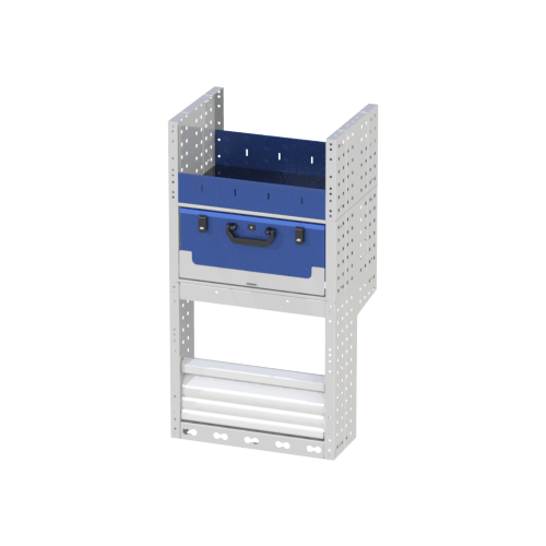 Van racking COMFORT right side for your Bipper containing wheel cover with door, removable suitcase, shelving with dividers 24 cm high.