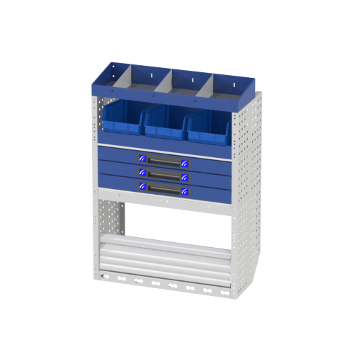 COMFORT module on the right side with wheel arch cover with closing door, shelving with drawers, shelves with removable containers and finally an end shelf with dividers