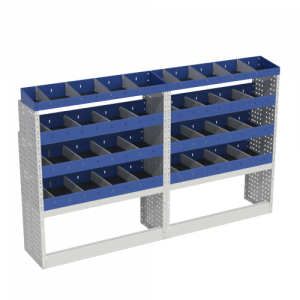 BASE set-up for Custom consisting of: 2 open wheel arch covers, 6 shelving with removable dividers and 2 end shelving with dividers
