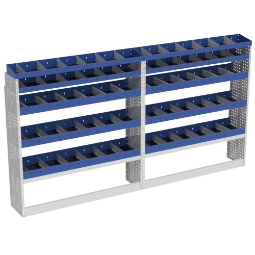 The BASE shelving that we have designed for the left set-up of your Transit includes: open wheel arch cover, 8 shelves with dividers.