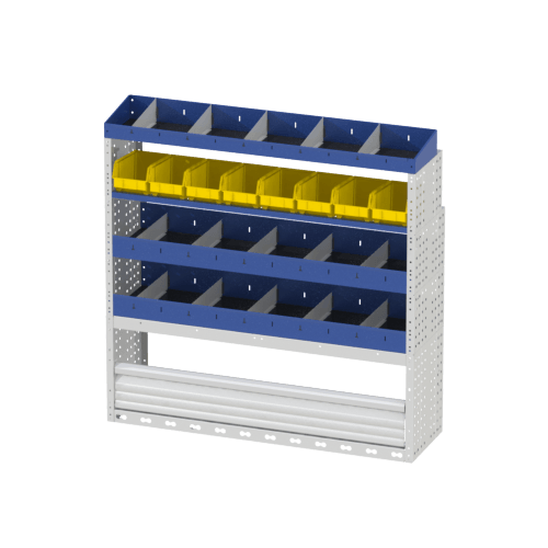 Van racking Custom right side L2 COMFORT consisting of a wheel arch cover with closing door, shelving with drawers, shelf with removable containers and a final shelving with dividers.