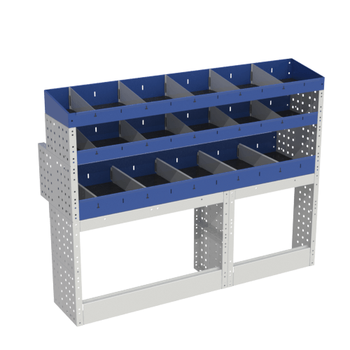 Citan Long BASE module for van racking left side, consists of: Open wheel arch cover, storage shelf with dividers and shelf with removable trays