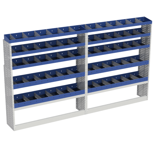 The Base shelving that we have designed for the left-hand set-up of your Transit L3H3 includes: 2 open wheel arch covers, 10 shelves with dividers.