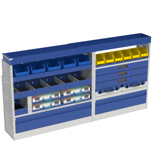 LUXURY module for Vito Extra-Long includes: wheel arch covers with tilting door, drawer units with 3 short drawers 4 plastic and 2 metal cases with containers of different colors Shelves with dividers and two with removable trays and gutter shelf