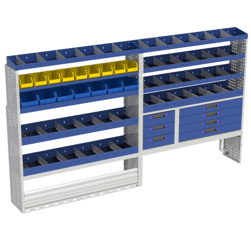 The COMFORT shelving that we have designed for the left setting of your Transit. Includes: 1 wheel arch cover with aluminum door, luggage holder kit, 2 drawer units, shelves with dividers, 2 Shelving with removable containers.