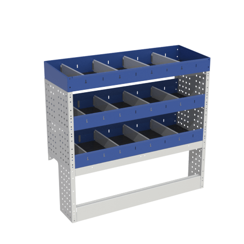 BASE module van racking left side for your Bipper consisting of an open wheel arch cover and three shelves with dividers.
