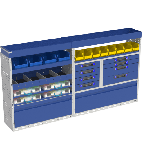 Complete LUXURY module with tilting door in the wheel arch cover, removable yellow and blue containers, drawer units and pull-out cases. In addition to the shelves, we have in this module to set up your talent in the terminal part an opening gutter to contain equipment.