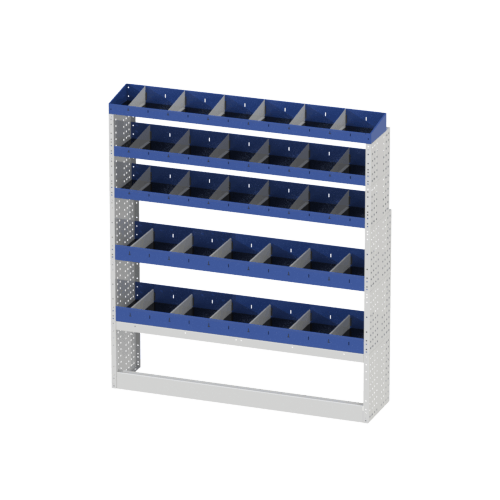 The BASE shelving on the right side of your Transit Includes open wheel arch covers, 4 shelves with dividers, end shelving.