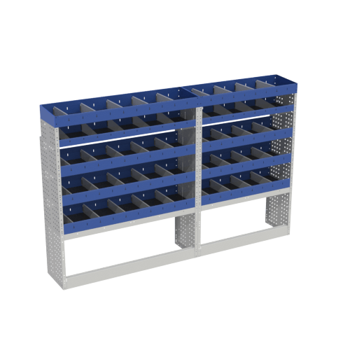 Left side BASE module for Peugeot Boxer L1H1 consisting of: two open wheel covers a series of open shelves with removable dividers and 2 end shelves also with removable dividers.
