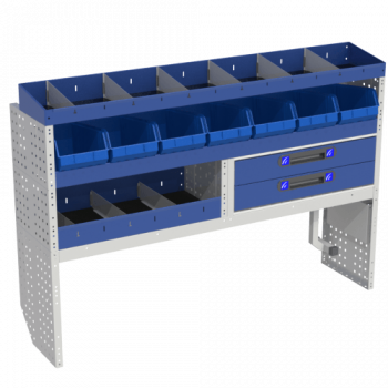 Module for Partner XL COMFORT left side consisting of open wheel arch cover with shelving case holder kit with dividers and removable storage trays.