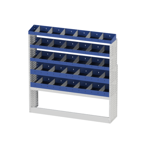 The BASE shelving on the right side of your VOLKSWAGEN CRAFTER L3H2 vehicle includes: Open wheel arch cover, 4 shelves with dividers and end rack