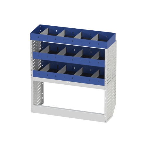 BASIC module with open wheel arch cover and two shelves with door dividers and end shelving.