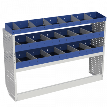 Van racking BASE module left with open wheel arch covers and blue shelving with dividers and end shelving with dividers