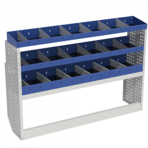 The Tecnolam BASE shelving for the left side of the Doblò l2h1 includes an open wheel arch cover 2 shelving 3 shelving with steel dividers