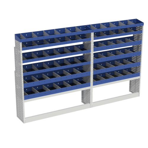 BASE module that we have designed for the left-hand set-up, ideal for those who need to organize their small parts and equipment in a professional way on your VOLKSWAGEN CRAFTER L3H3. It includes: open wheel arch covers, shelves with dividers and end shelving.