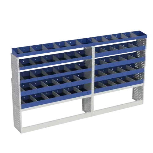 The Base shelving that we designed for Man Tge L3H2. In its left set-up it includes the ideal solution for those who need to organize their small parts and equipment in a professional way in your van. Includes: open wheel arch covers, shelves with dividers and end shelving.