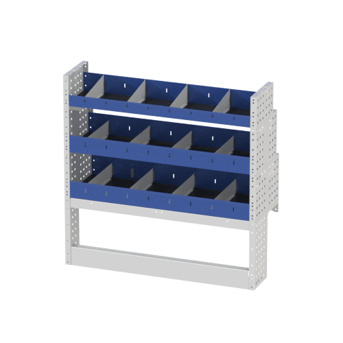 Simple right side BASE module for Caddy Maxi with shelves with steel dividers, and lofty trays. In this version, the wheel arch cover is open